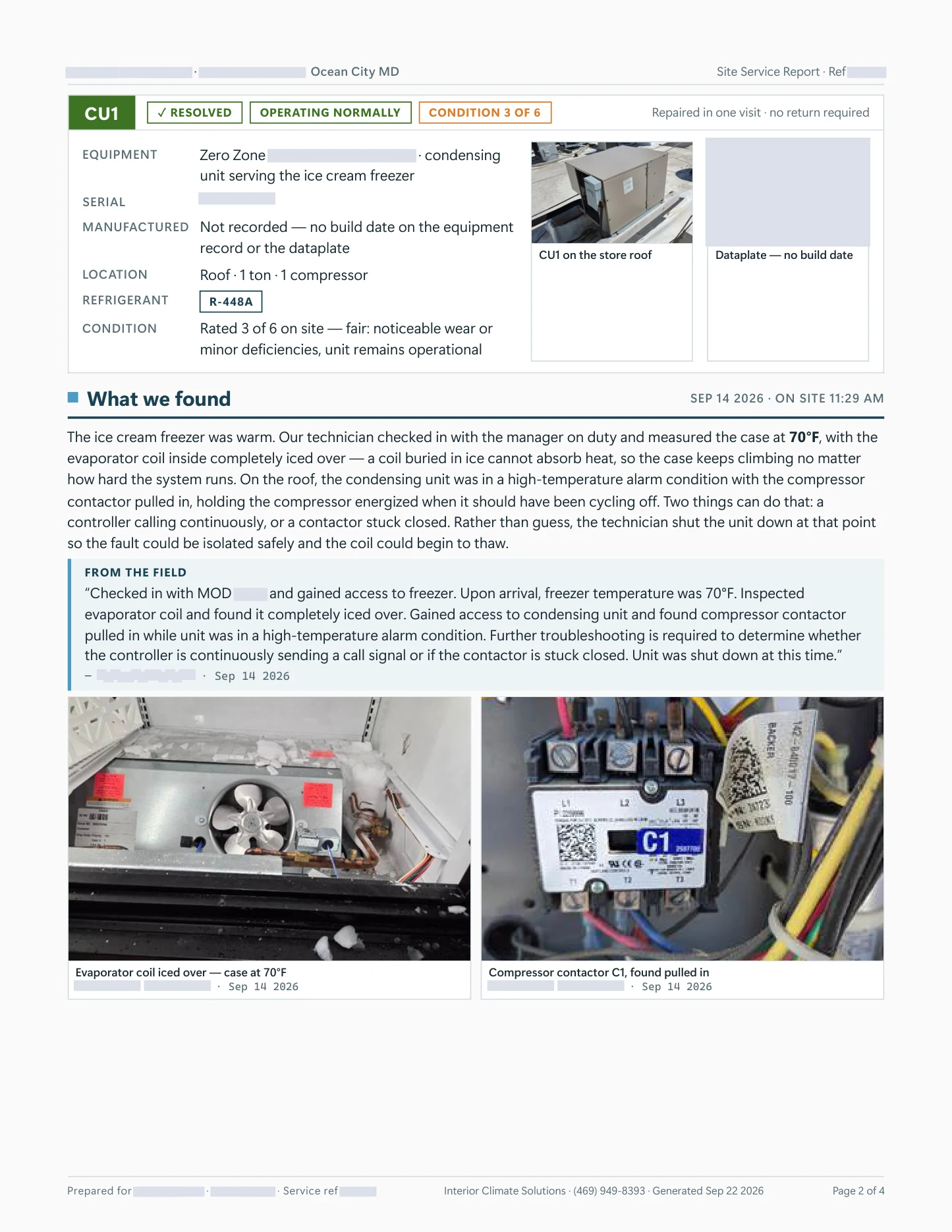 Report page 2 of 4: CU1 condensing unit details, the freezer at 70°F with the evaporator coil iced over, the technician's field note and photos of the iced coil and the pulled-in contactor.