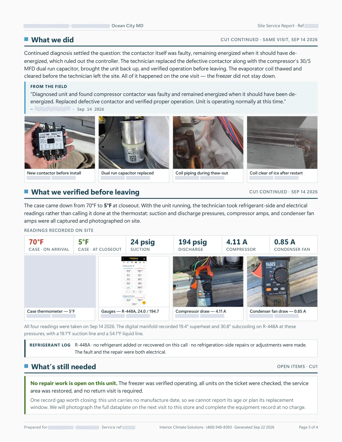 Report page 3 of 4: the faulty contactor and dual run capacitor replaced, repair photos, and the readings at closeout: case 5°F, suction 24 psig, discharge 194 psig, compressor 4.11 A, condenser fan 0.85 A.