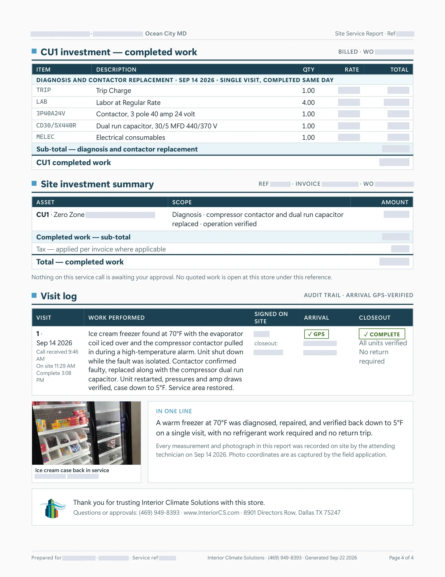 Report page 4 of 4: the completed-work table with pricing removed, the visit log (call received 9:46 a.m., on site 11:29 a.m., complete 3:08 p.m.) and the one-line summary.